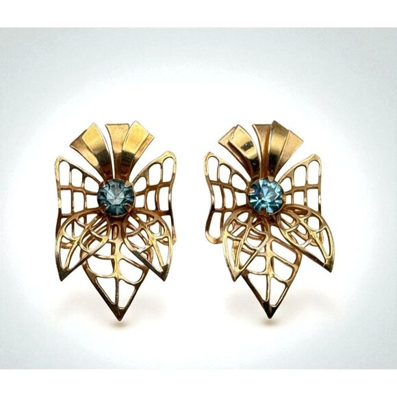 Prestige Blue Rhinestone Gold Tone Earrings Bow Screw Back Ornate Filagree Vtg - Picture 1 of 7
